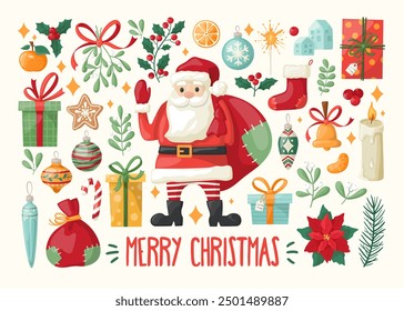 Big Christmas set with Santa Clause, festive symbols and design elements. Hand-drawn style. Vector elements for sticker pack, banner, card, postcard, cover.