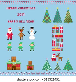 Big Christmas set in style of eight-bit game. Santa, deer Rudolf, snowman, elves. Gifts, Christmas tree, fireplace, Christmas tree decorations. Vector illustration. 
