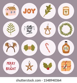 Big Christmas Set with traditional winter elements. Collection of Merry Christmas And Happy New Year elements. Cozy Winter holiday season. Cute illustration and Christmas typography in Hygge style.
