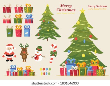 big Christmas set (Christmas tree, gifts, Santa Claus, deer, snowman, candy, inscription, new year)