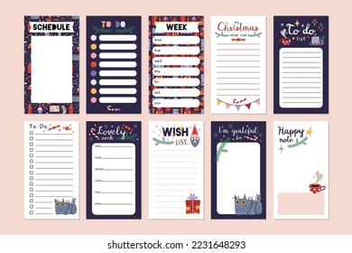 Big Christmas set of trendy editable planner, schedule, check list, wish list, to do and places for note. Vector stock illustration, cartoon style.  Cute templates for stories, bullet journal 