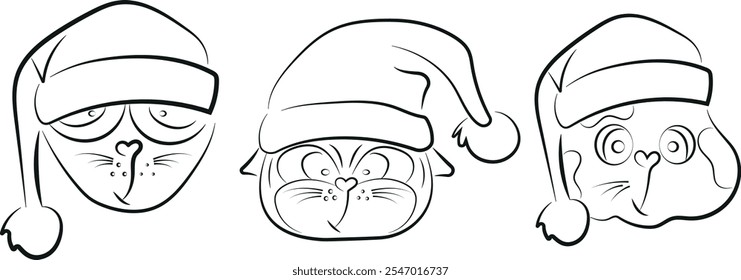 big Christmas set of various faces of cats in different Santa Claus hats drawn in line art style