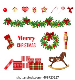 Big christmas set with wreath, ribbon, ornament balls, fairy lights, bows, gifts, Nutcracker, rocking-horse, birdhouse, socks, baubles. Vector illustration Xmas For postcards greetings prints banner