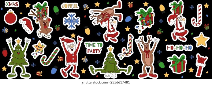 Big Christmas Sticker Pack isolated black background. Set funky weird  Christmas Sticker. Santa claus reindeer Christmas tree character Sticker collection. Vector illustration for social media.  