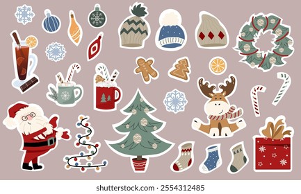 Big Christmas stickers set in cartoon style. Cute collection of traditional holiday elements. 