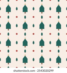 Big Christmas tree star on top with small tree and red dot, seamless repeating pattern for wrapping paper, wallpaper, background and decoration.