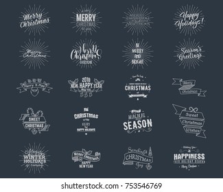 Big Christmas typography quotes, wishes bundle. Sunbursts, ribbons and other xmas elements, icons. New Year lettering, sayings, vintage labels. Season greetings calligraphy. Stock vector isolate.