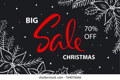 big christmas winter seasonal december sale banner with poinsettia flowers, branches twigs