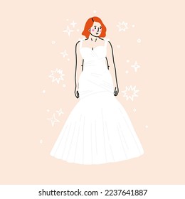 Big chubby bride with pretty plus-size bodies. Diverse plump female beautie with fat curvy figure. Modern bridal look. Woman standing in white wedding dress.Vector illustration