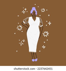 Big chubby bride with pretty plus-size bodies. Diverse plump female beautie with fat curvy figure. Modern bridal look. Woman standing in white wedding dress.Vector illustration
