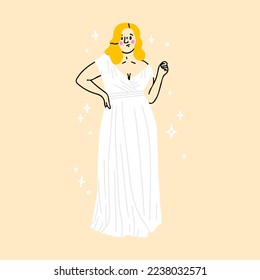 Big chubby bride with pretty plus-size bodies. Diverse plump female beautie with fat curvy figure. Modern bridal look. Woman standing in white wedding dress.Vector illustration