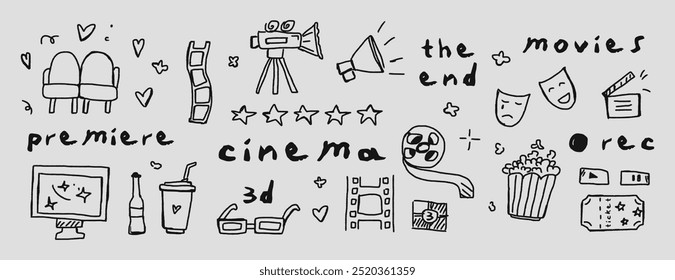 Big cinema set with cute "Movie Time" elements, film strips, popcorn, cinema flapper, director's chair, cinema ticket. Hand drawn doodle graphic drawing. Childish naive illustration. Banner set logos.