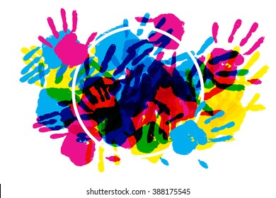 Big circle frame made of colored handprints. Vector illustration. Great banner for graphic or web design