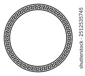 Big circle frame with seamless meander pattern. Decorative border with Greek key or also Greek fret motif, constructed from continuous lines, shaped into a repeated motif. Illustration over white.