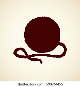 Big circle ravel strand coil isolated on white backdrop. Black ink hand drawn picture sketch in art retro engraving style. Closeup view with space for text