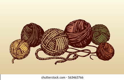 Big circle ravel twine coils isolated on beige backdrop. Dark color hand drawn picture sketchy in art scribble retro style. Closeup view