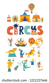 Big circus set in cartoon style.  A horse, a tiger, a clown, a rabbit in a hat, a lion, a Navy seal, an air gymnast, elephant, carousel, balloon. Circus carnival