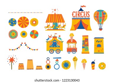 Big circus set in cartoon style.  Balloon, circus tent, mask shop, pedestal with posters, ticket office, garlands, ice cream truck, carousel. Circus carnival, fair, amusement Park, festival, market