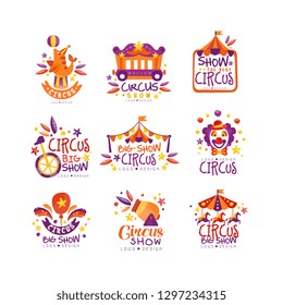 Big circus show logo design set, carnival, festive labels, badges, hand drawn design elements an be used for flyear, poster, banner, invitation vector Illustration