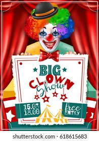 Big circus show performance invitation advertisement poster with smiling clown in bright three color wig vector illustration  - Shutterstock ID 618615683