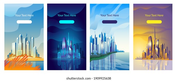 Big cities with skyscrapers at different times of the day. A set of vector vertical banners with a modern landscape.