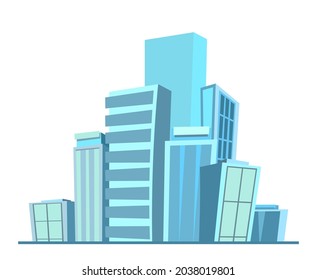 Gran ciudad de lejos. En línea. Rascacielos y grandes edificios. Ilustración de caricatura de estilo plano. Paisaje urbano azul. Aislado sobre fondo blanco. Vector