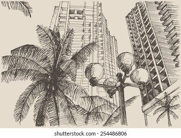 Big city architecture, vintage engraved illustration, hand drawn, sketch