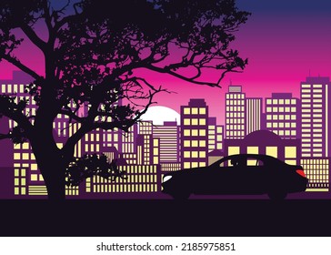 Big city background. Сar silhouette. Man watching sunset out of town. Vector art 