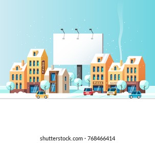 A big city billboard for placing your advertising against the backdrop of a winter cityscape. Vector illustration.