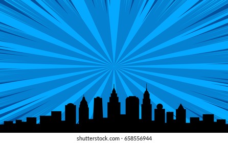 Big city black outline shadows and sunset, comic book style background