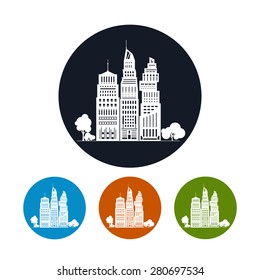  Big City with Buildings and Skyscraper, Four Types of Colorful Round Icons  Architecture Megapolis,Icon City Financial Center  , Vector Illustration