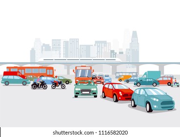 Big city with cars, traffic illustration