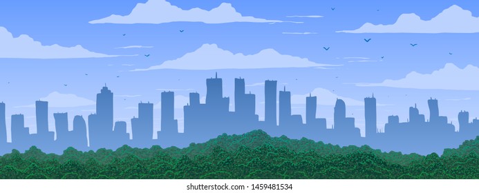 Big city cartoon panorama at sunny day. Vector illustration.