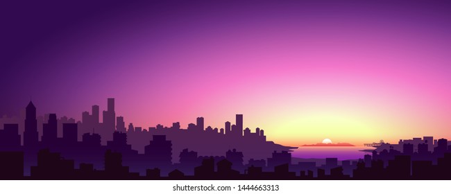 Big city. Cityscape with a beautiful sunset. Wide highway front view. Cyberpunk and retro wave style illustration. Stock vector illustration. Panoramic wallpaper with city views. EPS 10.