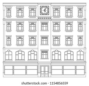 big city clock building street facade house view landscape, black outline contour on white . cityscape front street panorama. ground floor shop with door and classic windows