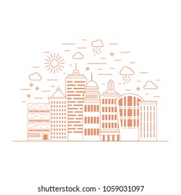 Big city concept with different weather icons above. Vector line series. Skyscrapers and office buildings made in vector.
