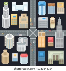 Big city elements - set of modern vector objects isolated on black background for creating your own images. Top view position of skyscrapers, buildings, road with cars