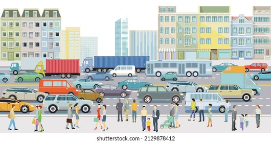 Big city with heavy traffic, truck and passenger car, illustration