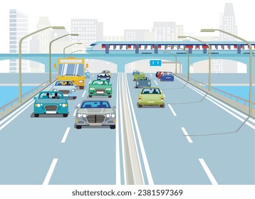 Gran ciudad con puente de carretera y tren expreso, ilustración