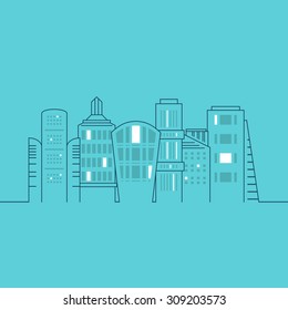 Big city illustration with different office buildings. Cityscape made in vector. Simple line illustration of city architecture.