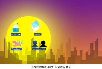the big city illustration in the morning,the sun is shining and the icon of the anti-covid-19 in the area of the yellow sun