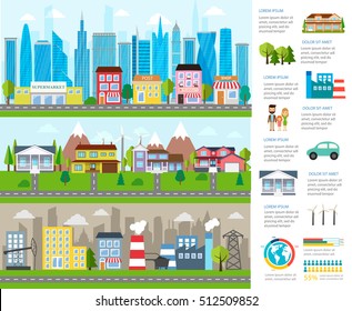 Big city infographics with industrial zone, city downtown, residential buildings, shops, car, vector illustration. Environment problems and solutions info