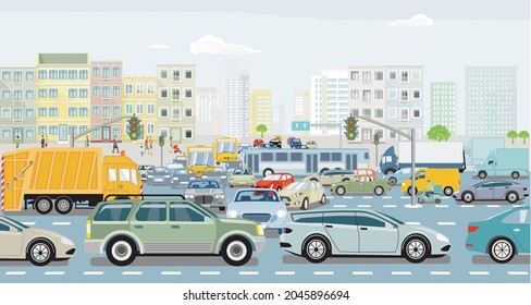 Big city with an intersection in traffic jam and public transport illustration