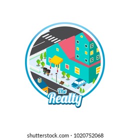 big city isometric real estate realty cartoon logo template vector