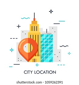 Big City Landscape, Business Center View With Location Mark. GPS Navigation Service Concept, Destination Point Pin Icon. Vector Illustration In Flat Style For Website, Banner, Header, Mobile App.