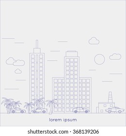 Big city landscape with traffic. Thin line art. Linear vector illustration
