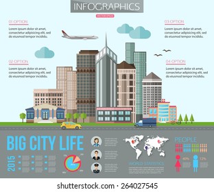 Big city life infographics with road, tall buildings, skyscrapers, car, bicycle, plane. Flat style design. Vector illustration