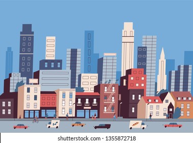 Vida na cidade grande. Vista panorâmica do centro moderno com edifícios urbanos, arranha-céus, transporte rodoviário e pedestres caminhando ao longo da calçada. Ilustração vetorial colorida em estilo cartoon plano.