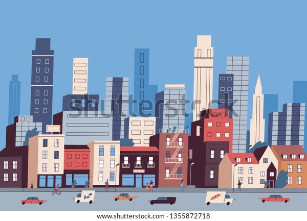 Big city life. Panoramic view of modern downtown
with urban buildings, skyscrapers, transport on road and
pedestrians walking along sidewalk. Colorful vector illustration in
flat cartoon style.