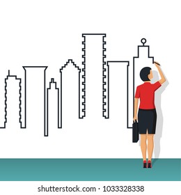 Big city line. Businesswoman in suit with briefcase. High buildings on background. Vector illustration flat design. Isolated on white background. Construction of new projects.